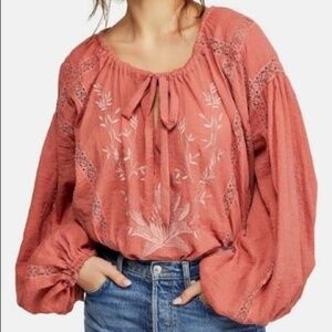 Free People Maria Maria Crochet Embroidered Blouse Athena Red Terracotta NEW NWT